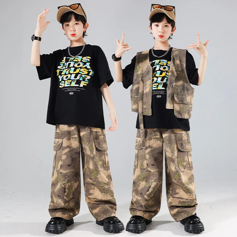 儿童演出服街舞潮装男童嘻哈马甲套装迷彩少儿hiphop爵士舞服装潮