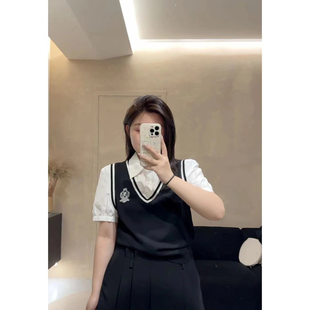 晶咕佳佳【圣托里尼】学院风假两件针织短款衬衫显瘦气质减龄撞色