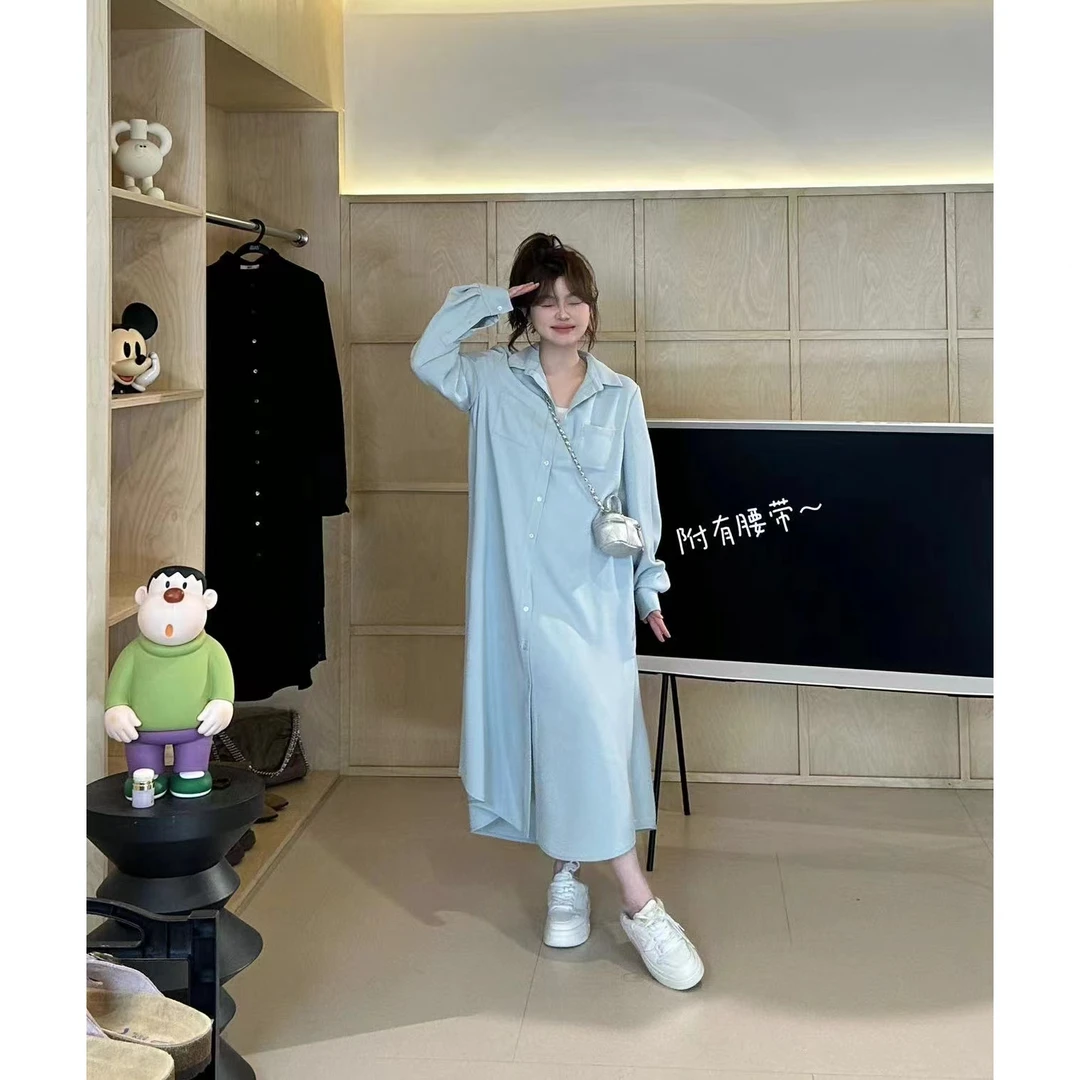 晶咕【素净】韩系气质翻领单排扣衬衫连衣裙(带腰带)宽松连衣裙