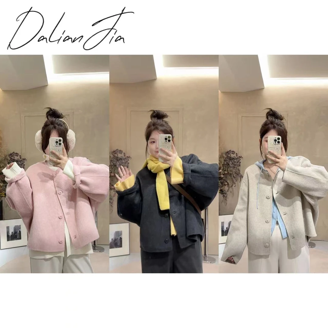 晶咕【沁粉佳人】双面毛呢圆领气质外套短款时尚百搭宽松秋冬