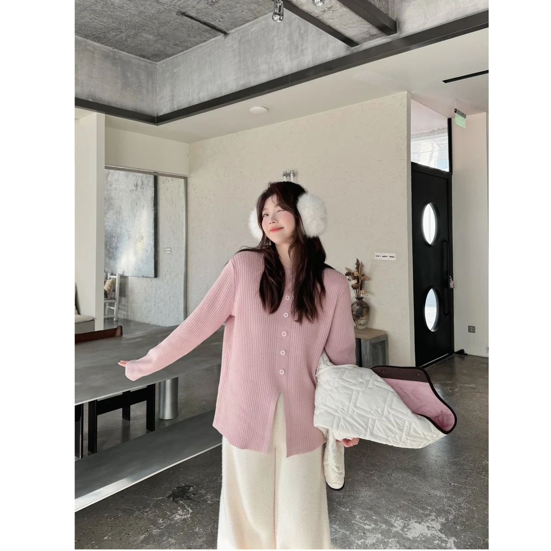 晶咕【一眼钟情！】下摆开叉纯色圆领竖条坑条针织套头毛衣