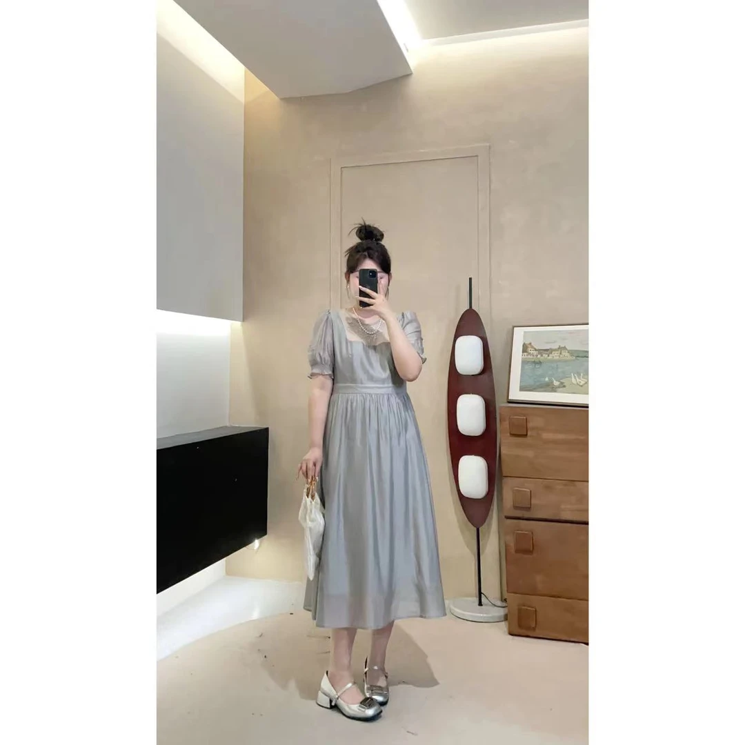 晶咕佳佳【岛屿泡泡】纯色小蕾丝方领中长款连衣裙显瘦气质时尚夏季