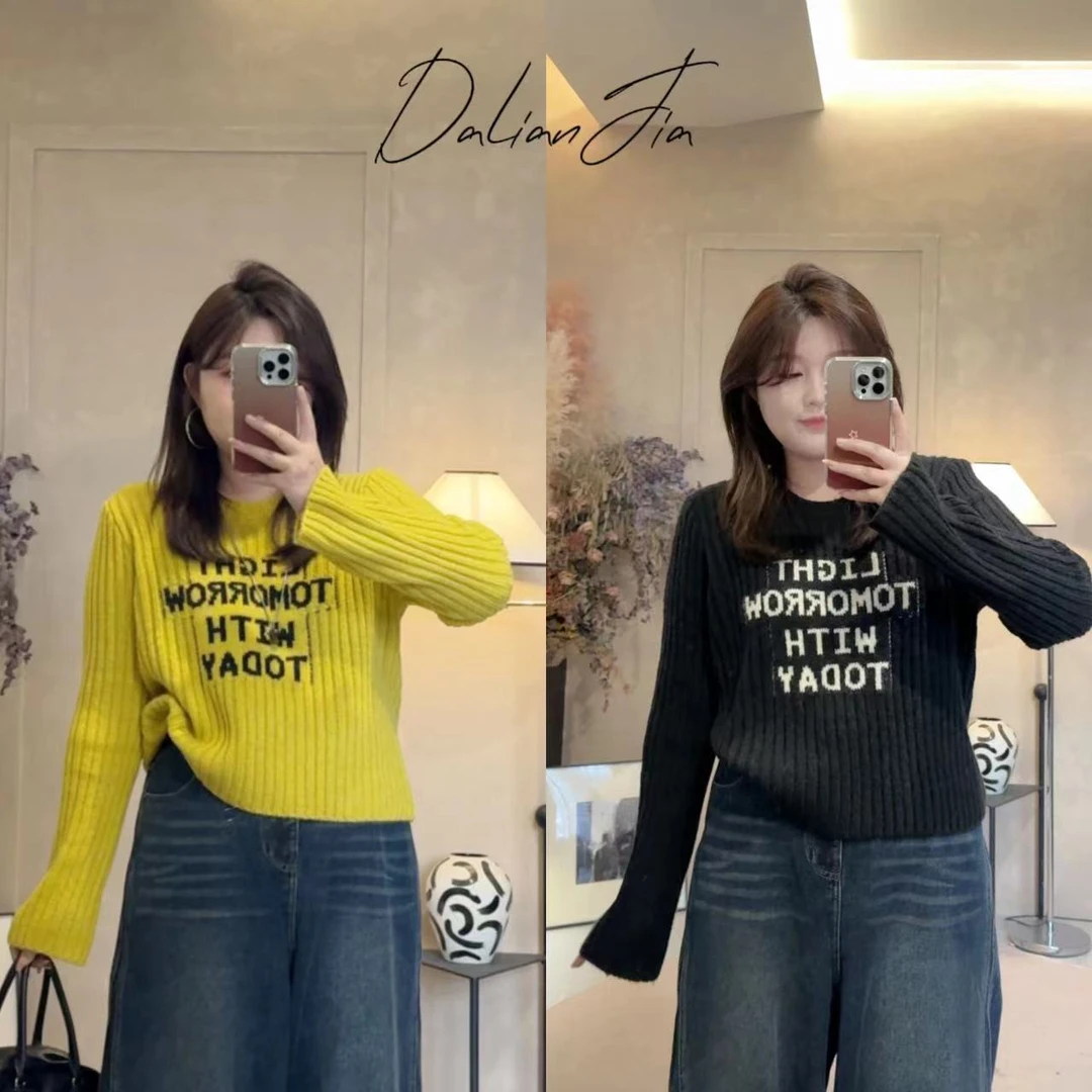 晶咕【色彩密码】针织衫短款字母印花长袖针织上衣显瘦套头