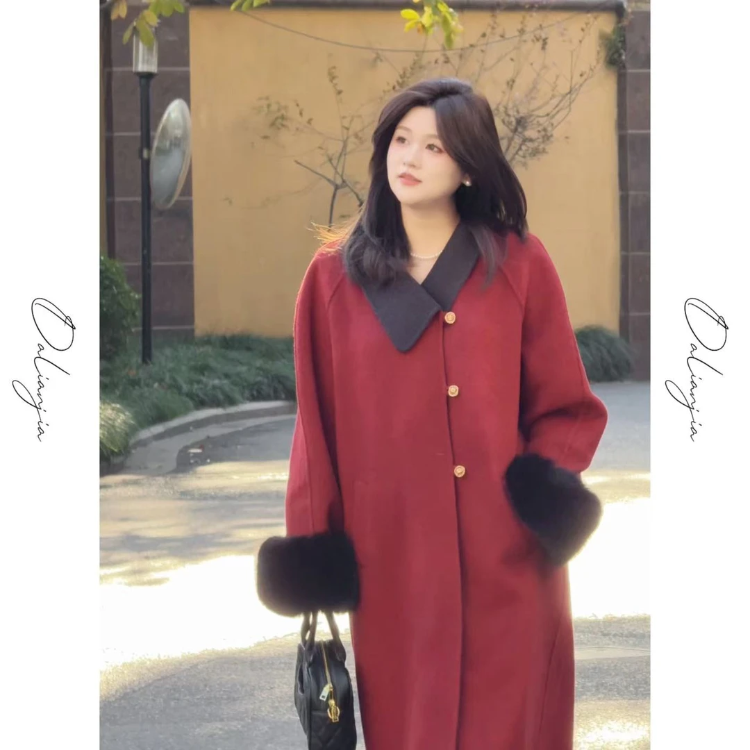 晶咕【声声慢】高级感中长款毛呢外套毛圈可拆卸气质撞色宽松