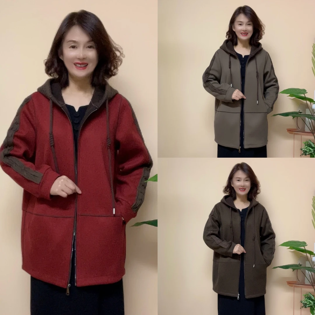秋冬新款拼接连帽拉链双面绒大码时尚外套宽松休闲中长款