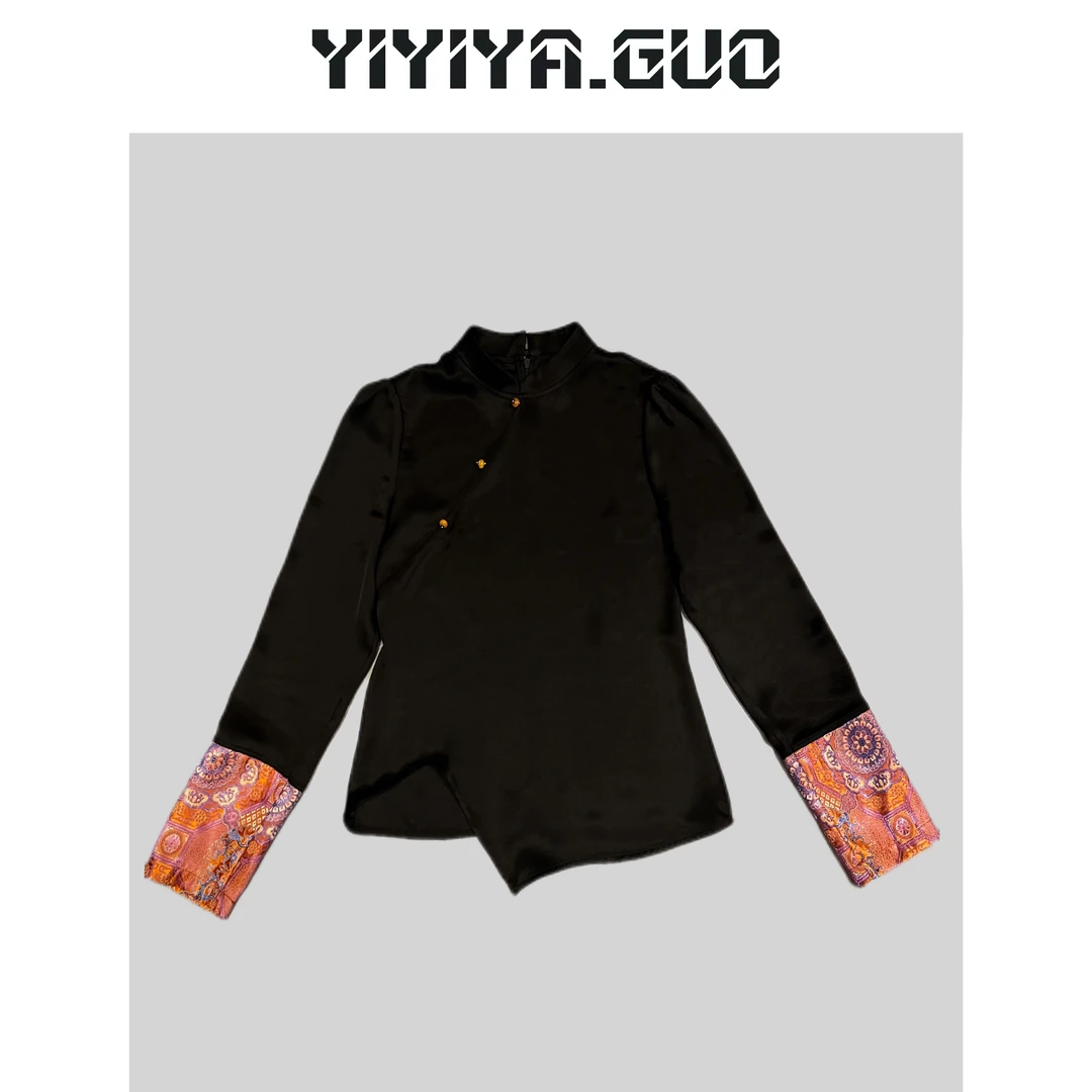 yiyi黑色拼接圆领袖口撞色上衣SY0619