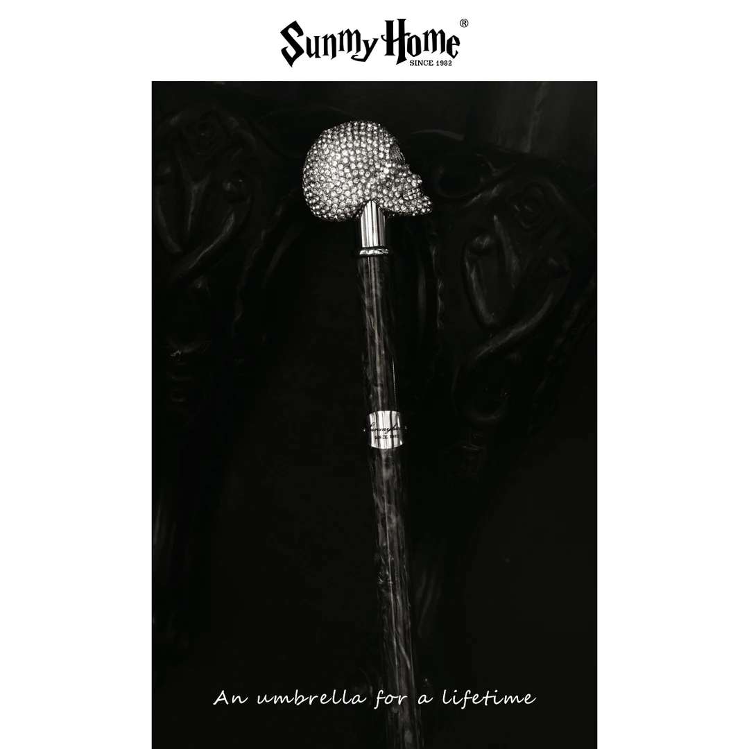SUNMYHOME满钻骷髅手杖镶钻墨黛权杖银色实木英国绅士拐杖文明棍