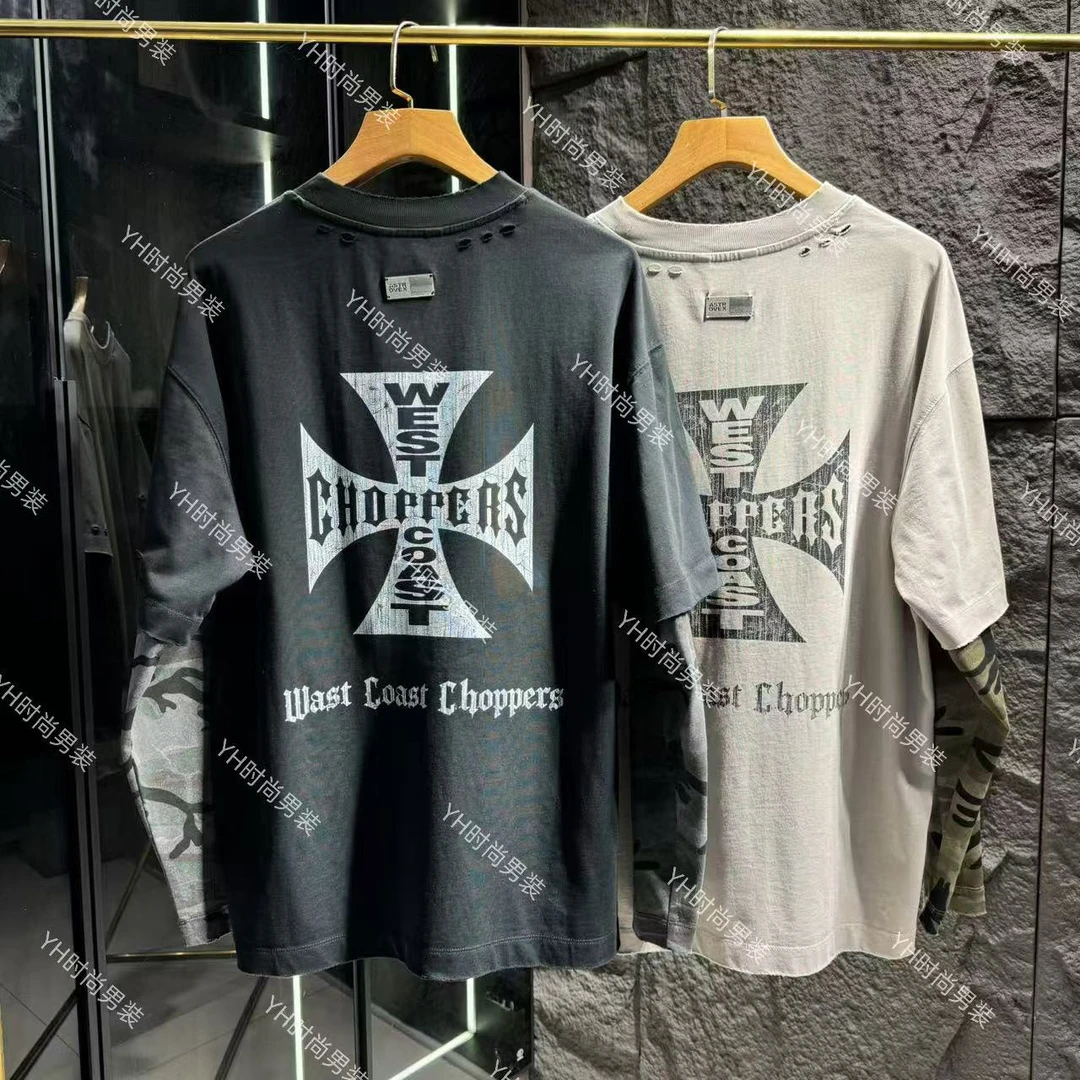 冬季新款高智淡人美式重磅复古十字架印花假两件T恤宽松休闲上衣