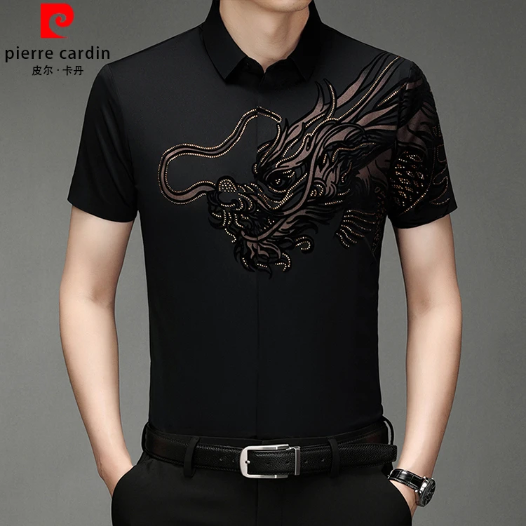 2024夏季新款男士休闲时尚百搭修身烫钻翻领短袖衬衫轻奢帅气衬衣