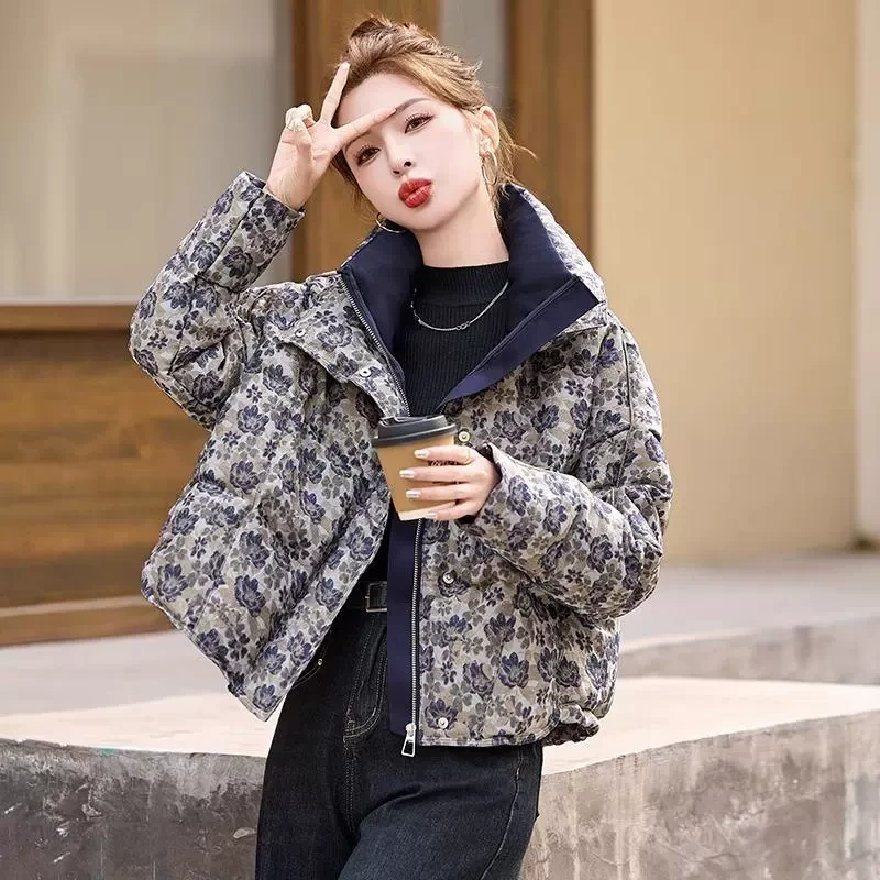 大码2025冬季新款时尚洋气爆款碎花短款外套女胖mm加厚棉服棉衣潮
