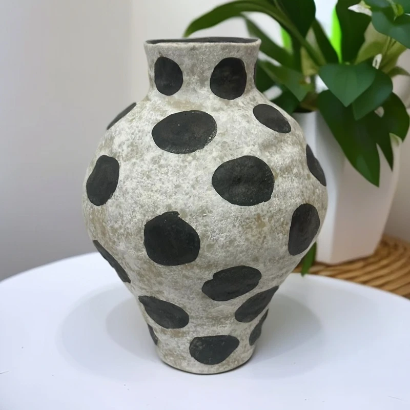 黑色圆点花瓶中式复古侘寂风陶瓷花瓶摆件高档样板间装饰品花盆