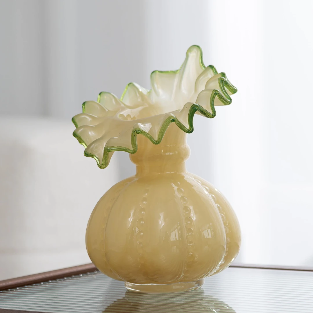 【柠檬黄裙褶绿边花瓶】中古芬顿花瓶摆件水养花器高级感客厅插花瓶
