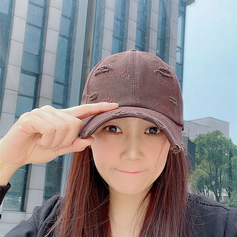 复古做旧棒球帽水洗磨毛破洞鸭舌帽ins韩男女潮帽加深版四季通用