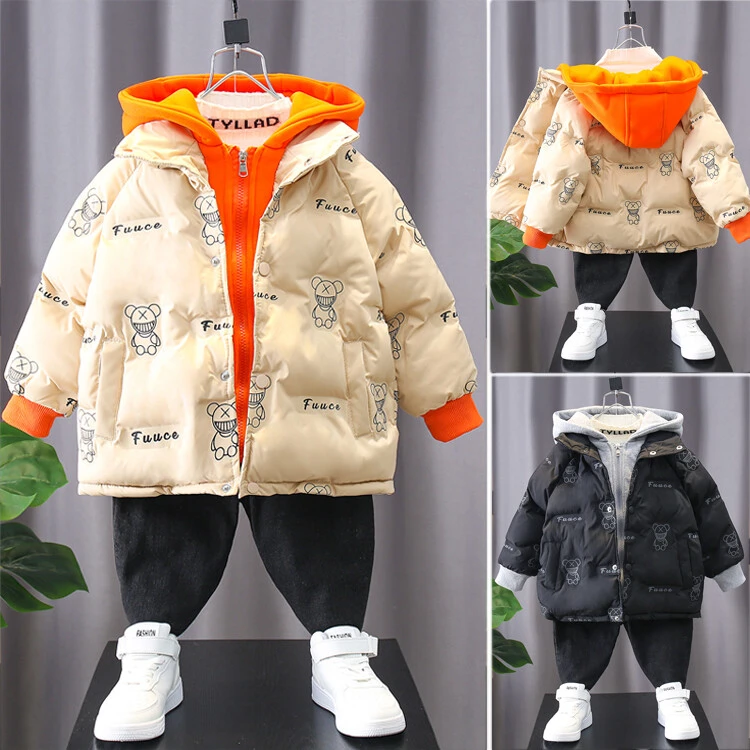 宝宝棉服新款时髦假两件连帽上衣儿童加绒加厚棉衣男童洋气中长款