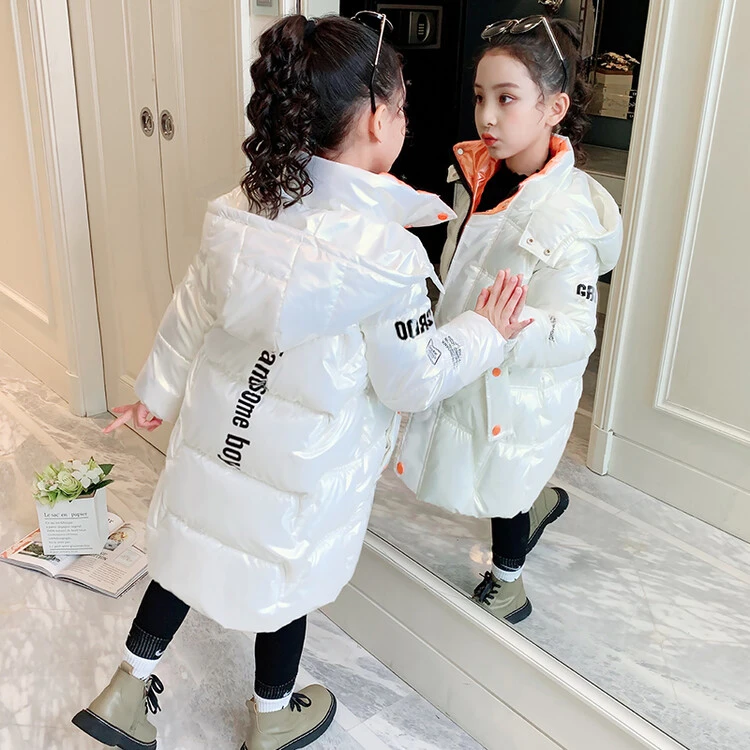 女童中长款棉衣2023新款连帽冬季亮皮网红棉服宝宝面包服棉袄免洗