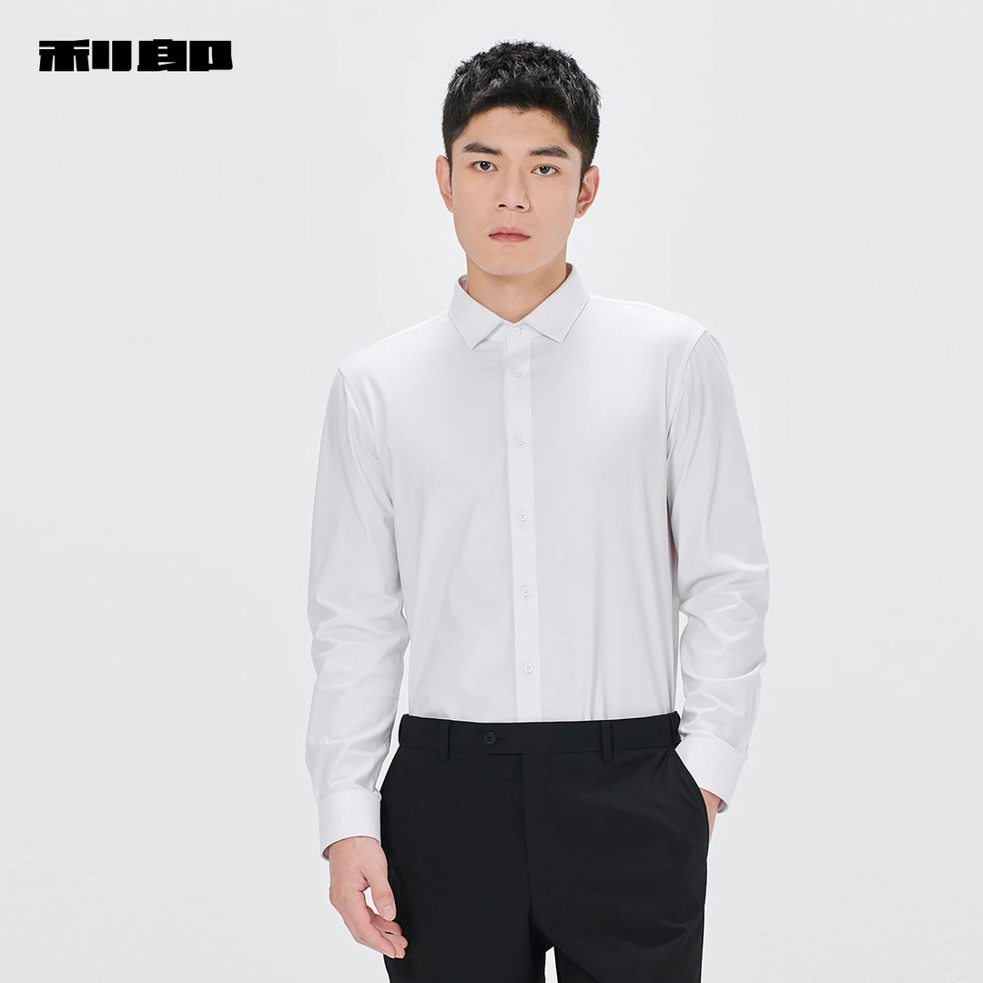 利郎官方长袖白色衬衫男士春季新款商务休闲翻领弹力正装衬衣男款