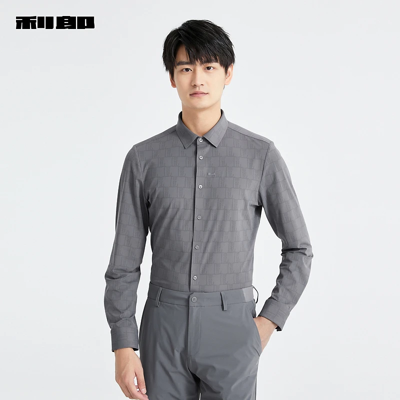 利郎男装 长袖衬衫男士印花2025春新款翻领修身弹力商务休闲衬衣