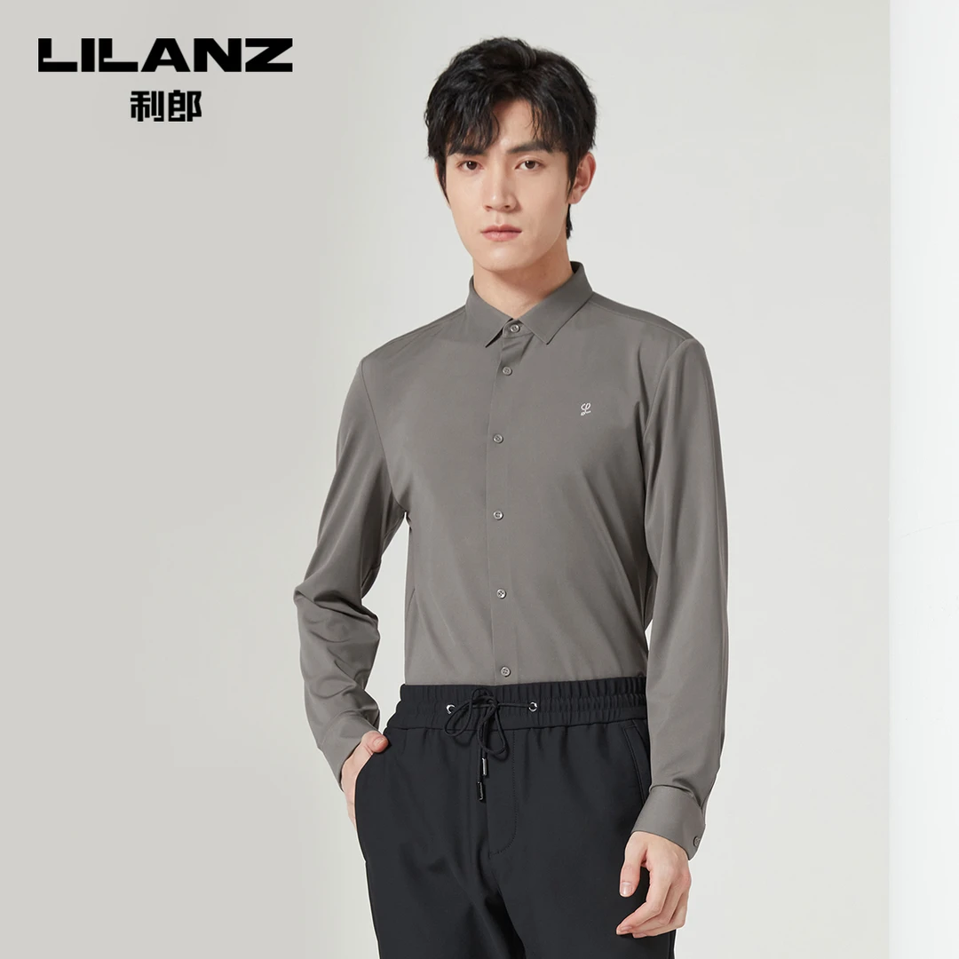 利郎2023秋季新款商务翻领长袖修身弹力烫图上班衬衣男22QZC011
