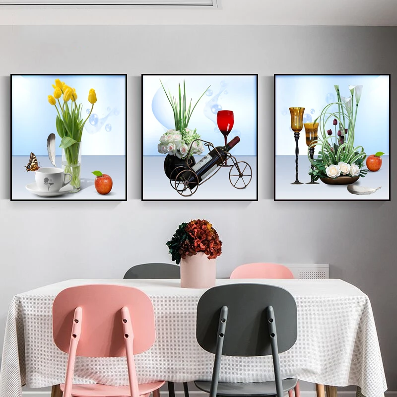 现代简约酒杯餐厅装饰画方形花卉三联餐桌背景墙挂画