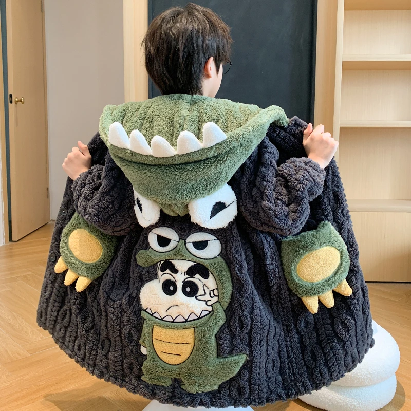 冬季男童睡袍卡通珊瑚绒连帽款睡衣浴袍男孩亲子法兰绒家居服套装