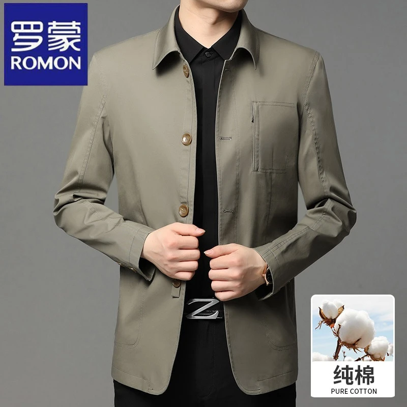 罗蒙2024春秋季新款中年男士休闲风衣纯棉翻领夹克外套时尚上衣服