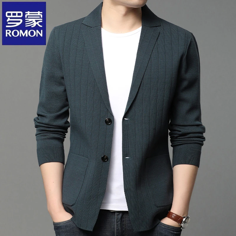 罗蒙春秋季新款男士高档针织衫西服中年时尚休闲条纹毛衣外套西装