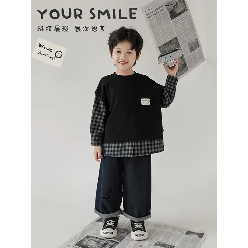 幼悠男童秋季宽松百搭休闲交汇文艺风格纹卫衣 N3875