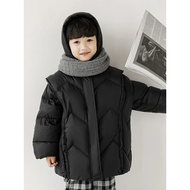【幼悠】儿童创意拼接杜邦三防羽绒服男童宝宝连帽外套 淸 N2418