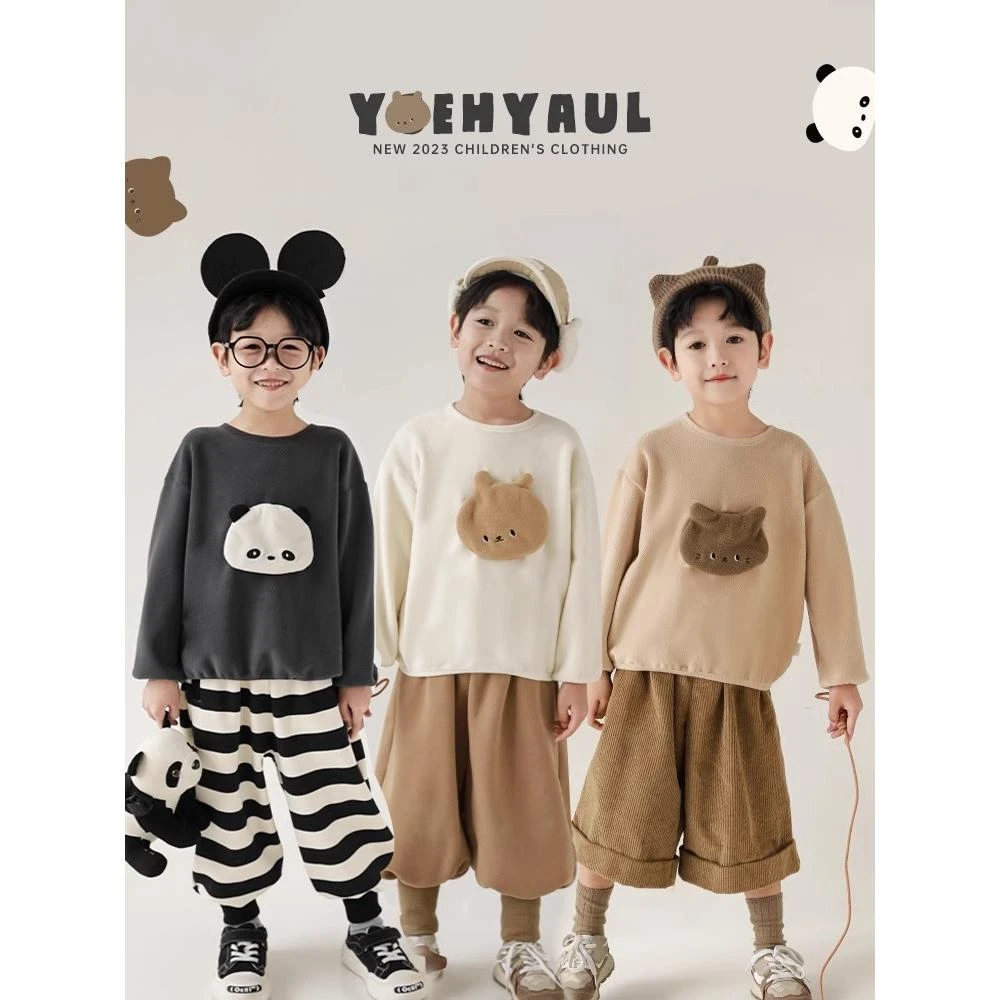 幼悠男童立体玩偶圆领包边加绒加厚宽松落肩卫衣冬季新款儿童上衣