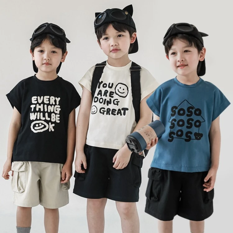 幼悠【简笔字母】儿童百搭宽松玩趣字母胶印开衩摆一字肩T恤N3682