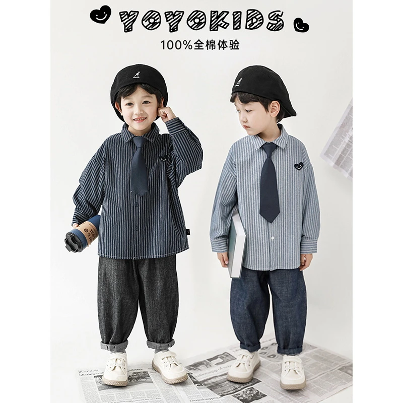 【春和景明】幼悠绅士哲思 爱心绣标讯号 清新条纹休闲衬衫N3405