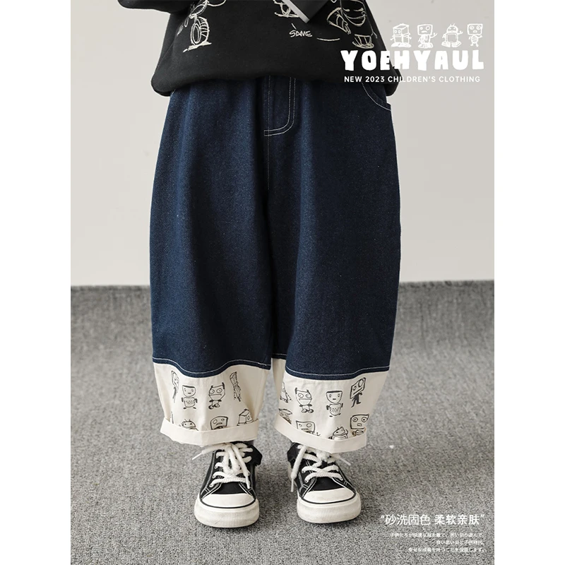 幼悠【神器机甲】男童秋季卡通宽松软弹舒适撞色拼接牛仔裤潮 N4085