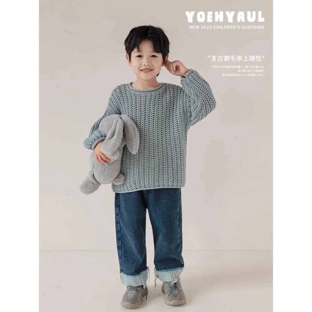 【幼悠】冬二波男童打造长腿撞色翻边 复古个性直筒休闲牛仔裤N4290
