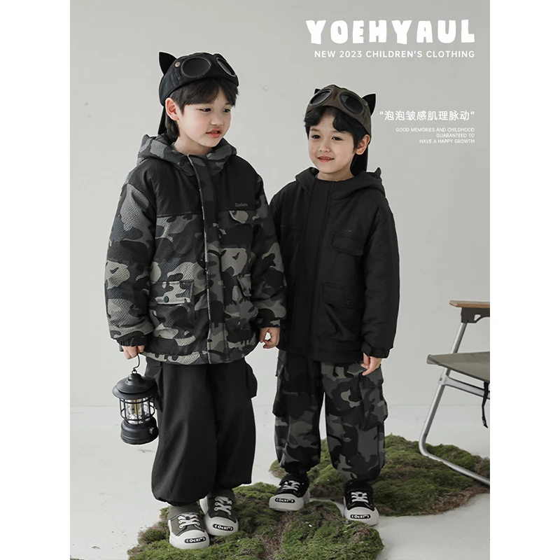 【反季特卖】幼悠男童字母刺绣迷彩印花连帽棉服冬装加厚外套棉衣
