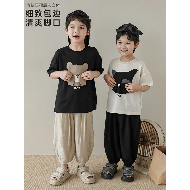 YOEHYAUL/幼悠【夏三波】幼悠儿童层次压褶起皱男童休闲灯笼裤X4031