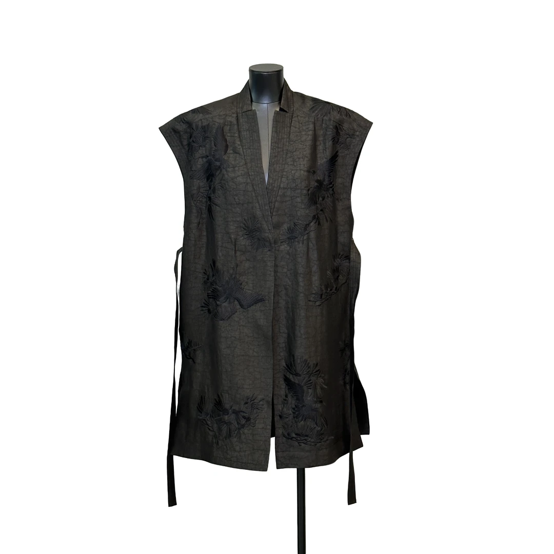 「利琪高订」国风新中式气质轻奢龟裂纹飞鹤刺绣长款马甲A5491