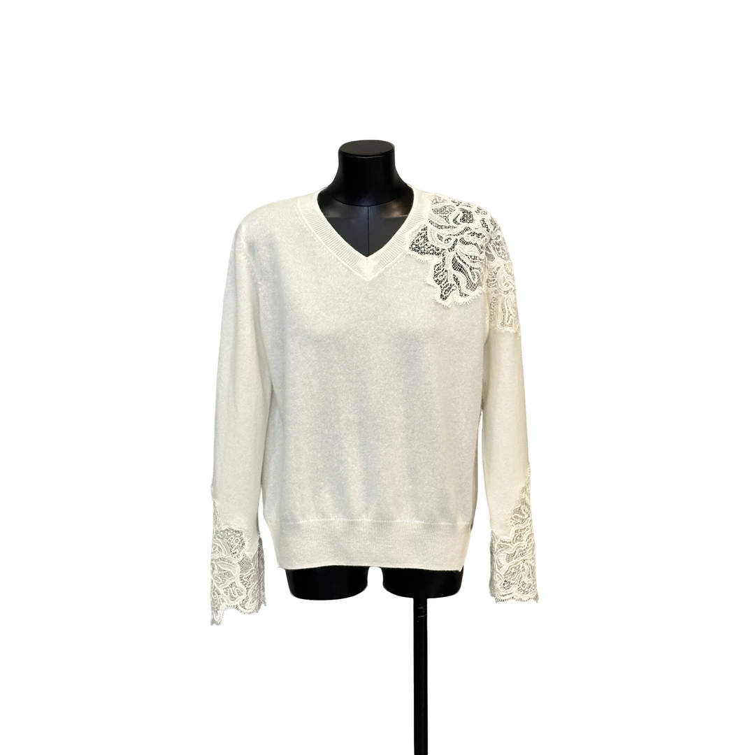 「利琪高订」新中式显瘦高弹V领秋冬保暖羊绒拼蕾丝羊绒衫上衣A5743