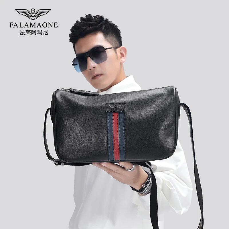 FALAMAONE/法莱阿玛尼黑色单肩包男士真皮包休闲时尚百搭通勤男包