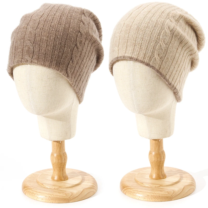 100%山羊绒女士针织帽双层加厚防风羊绒保暖帽新款双面时尚包头帽