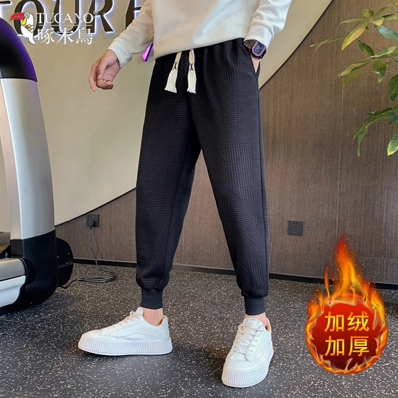 啄木鸟正品运动裤男士2024新款秋冬卫裤休闲直筒束脚百搭加绒长裤