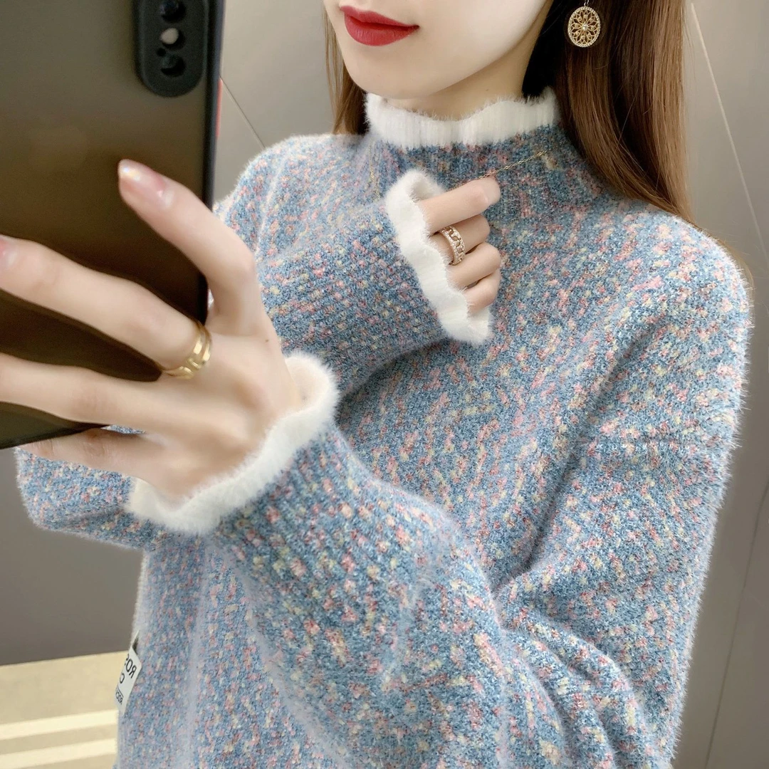 雪尼尔高领女士打底毛衣2023新款半高领宽松慵懒秋冬加绒加厚爆款