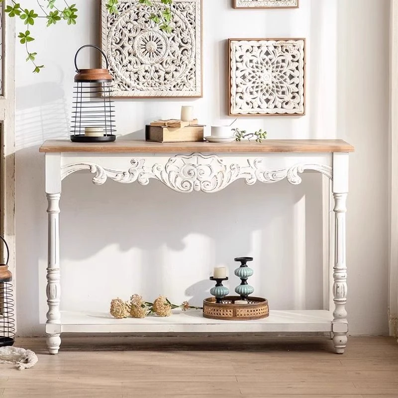 法式玄关柜桌实木客厅条案复古做旧走廊艺术装饰入户正对门玄关台