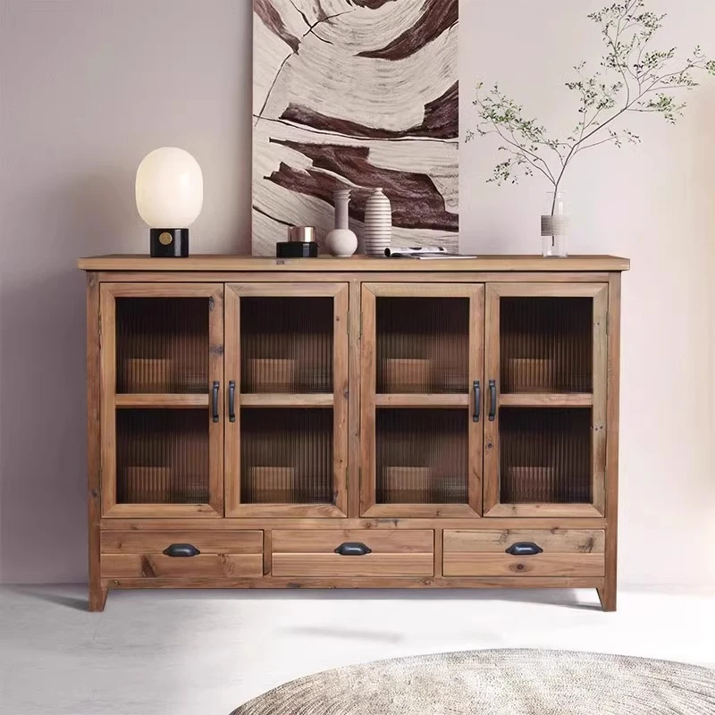 美式实木餐边柜原木复古储物柜做旧民宿家具玄关柜客厅侘寂风柜子