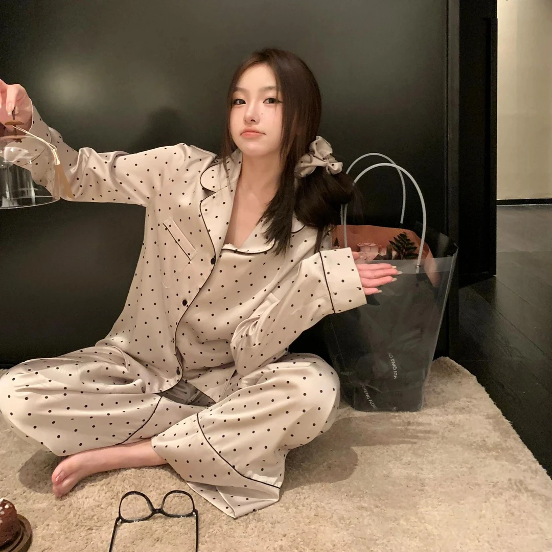 法式高级波点印花长袖睡衣女秋季新款大码家居服翻领开衫长裤套装