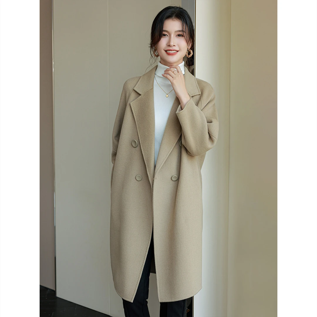 H型大衣女中长款秋冬季纯羊毛双面呢气质女翻领毛呢外套时尚韩版