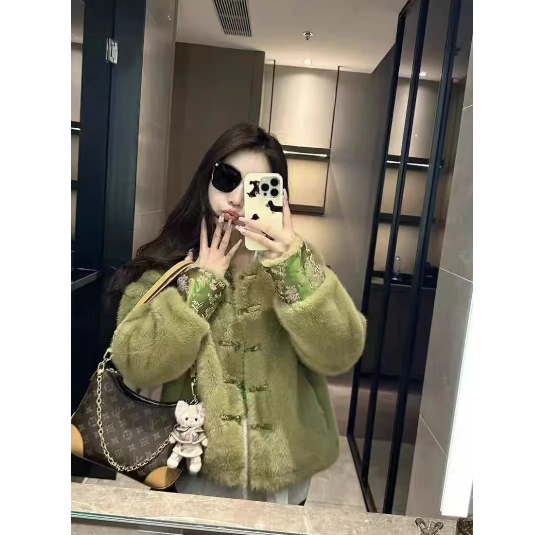 zx497冬季新款中国风新中式盘扣保暖毛毛外套上衣