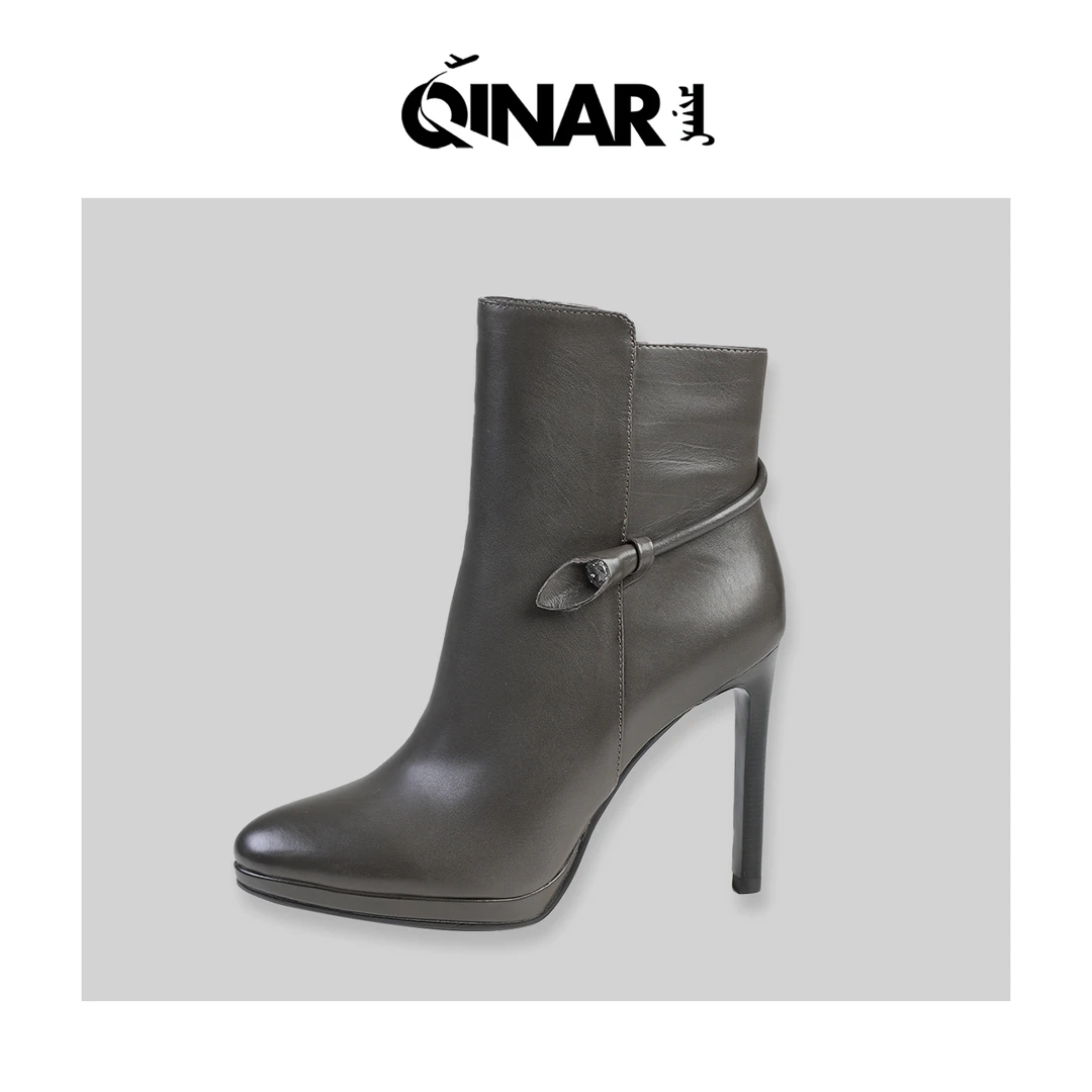 【旗纳尔】2024新款黑色尖头细高跟 女士牛皮短靴气质百搭款4113-9