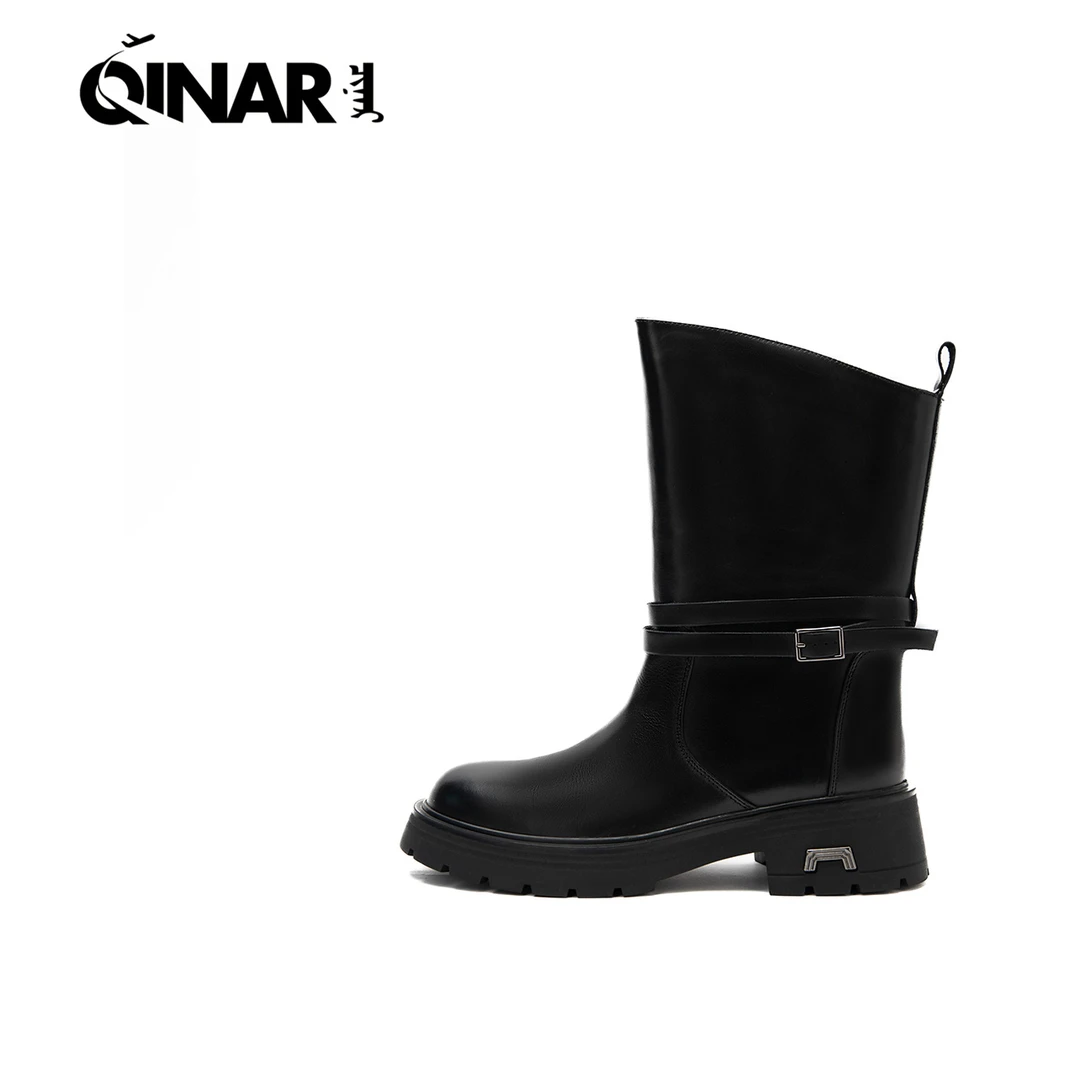 【旗纳尔】圆头厚底英伦风 复古潮流牛皮女靴时尚百搭 1001-802