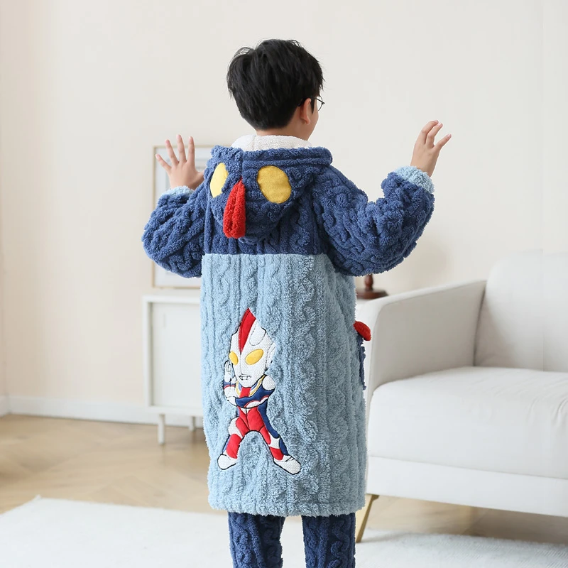 秋冬季男童睡衣儿童珊瑚绒加绒加厚款中大童可爱家居服睡袍浴袍