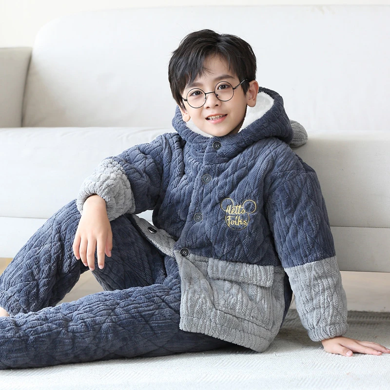 儿童睡衣冬季三层夹棉加厚保暖卡通珊瑚绒加绒家居服可爱男孩套装